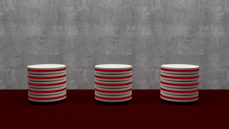 Marble product stand futuristic or podium pedestal on empty display red growing flashing light with loft wall backdrops. 3D rendering. seamless loop.