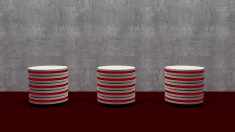 marble product stand futuristic or podium pedestal on empty display red growing flashing light with loft wall backdrops. 3d rendering. seamless loop.