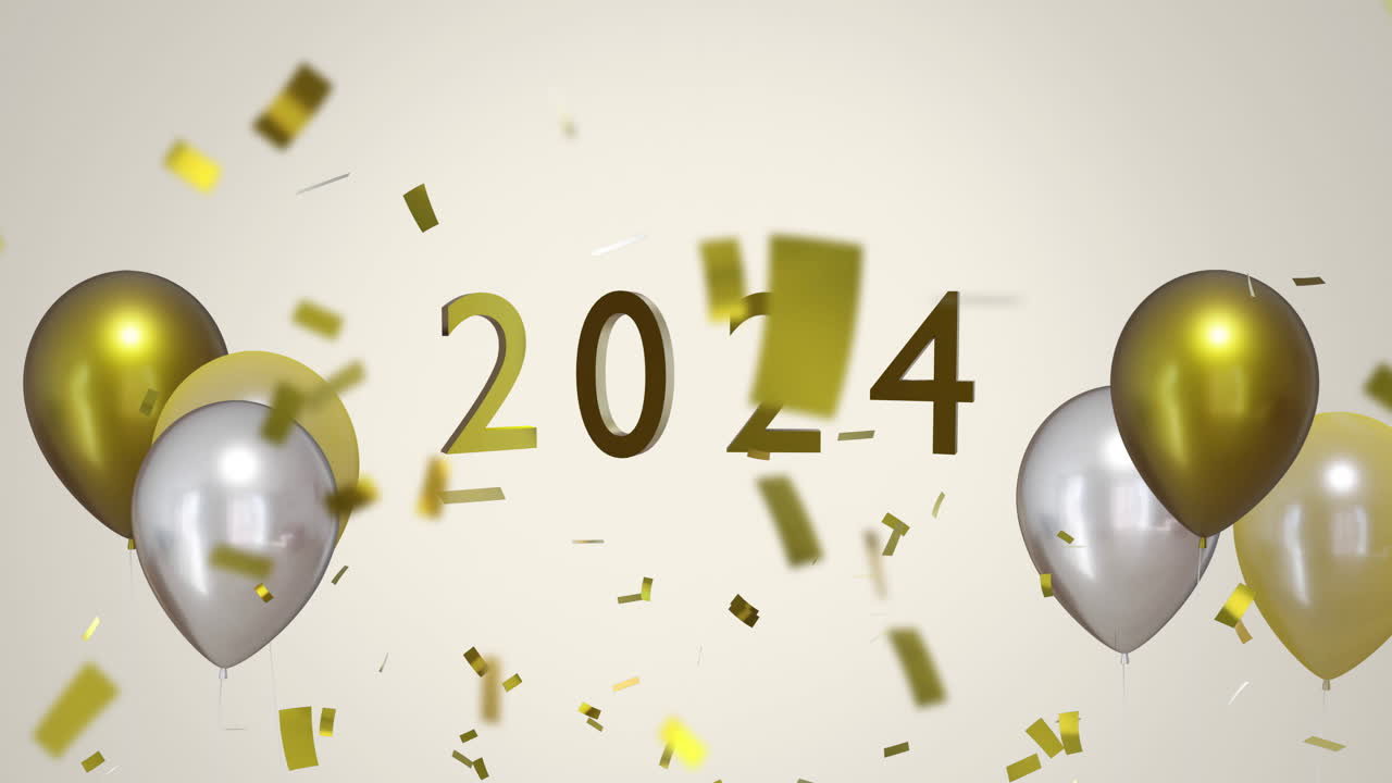 animación de globos de oro y plata con 2024 en fondo blanco