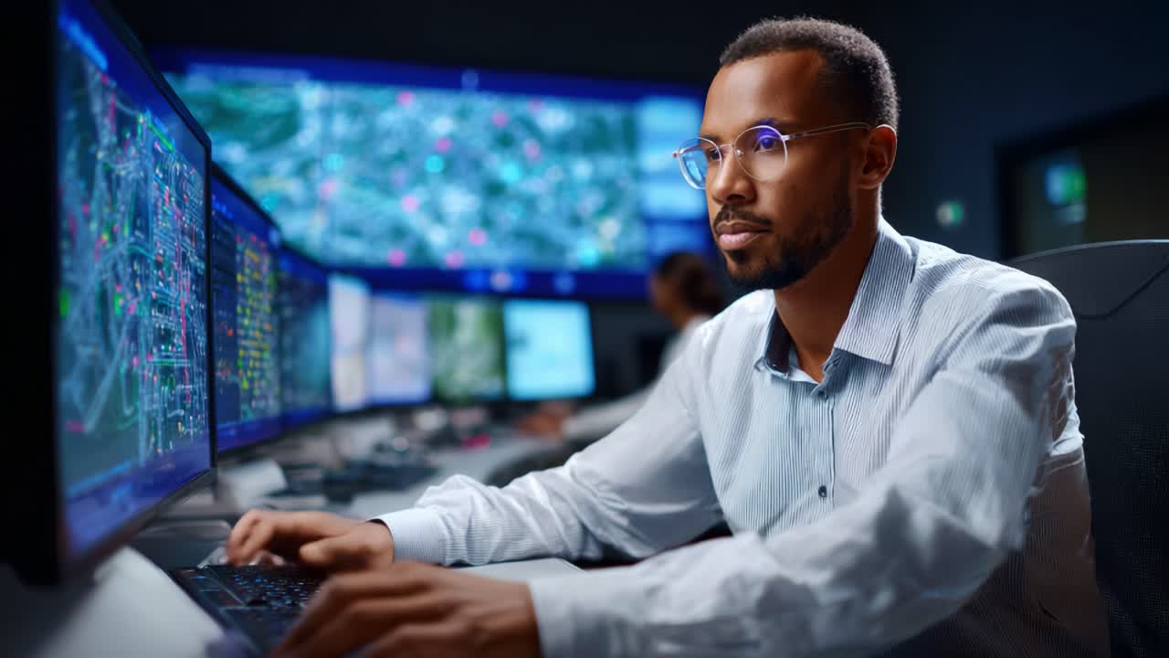 Fokuseret operatør analyserer data på flere skærme i et moderne kontrolrumsmiljø med højteknologiske skærme og avancerede informationssystemer