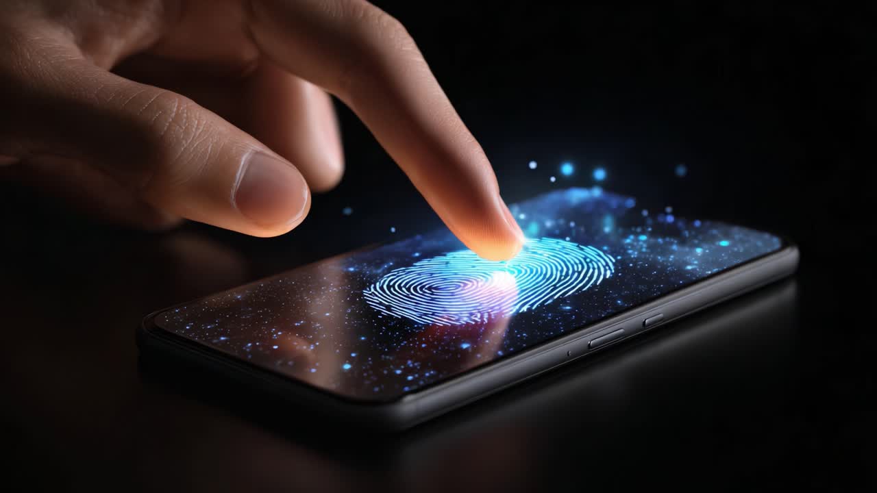 A User's Finger Gently Touches a Smartphone's Screen, Activating a Futuristic Fingerprint Recognition Feature Glowing with Cosmic Patterns and Colors