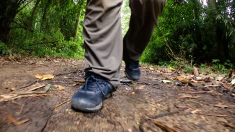 Ein-Mann,-Der-Im-Dschungel-Spaziert,-Die-Kamera-Auf-Seine-Beine-Gerichtet,-Zeigt-Ihn,-Wie-Er-Mit-Eingerahmten-Schuhen-Auf-Der-Unbefestigten-Straße-Vorwärts-Geht