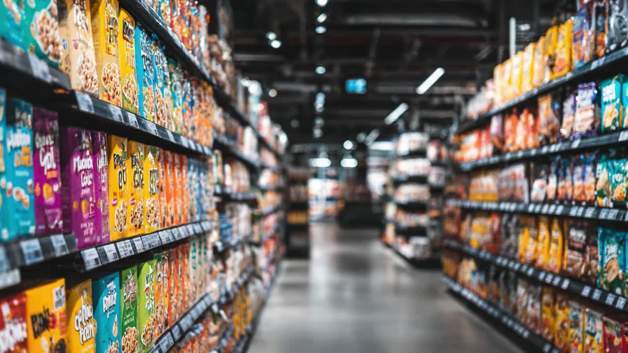 A Vibrant Grocery Aisle Showcasing Colorful Cereal Boxes in a Modern Supermarket, Capturing the Diverse Range of Breakfast Options Available for Shoppers