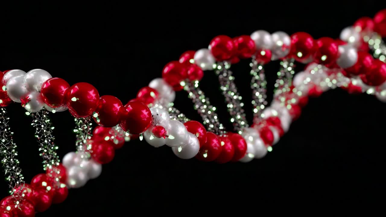 A Detailed View of a Colorful DNA Helix, Highlighting the Intricate Structure with Red and White Nucleotides, Showcasing the Essential Building Blocks of Life and Genetic Information