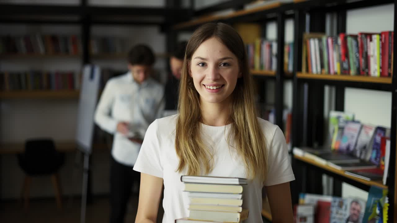 una estudiante camina por la biblioteca con una pila de libros en las manos, estantes con libros, vista frontal. una mujer joven sostiene libros en las manos