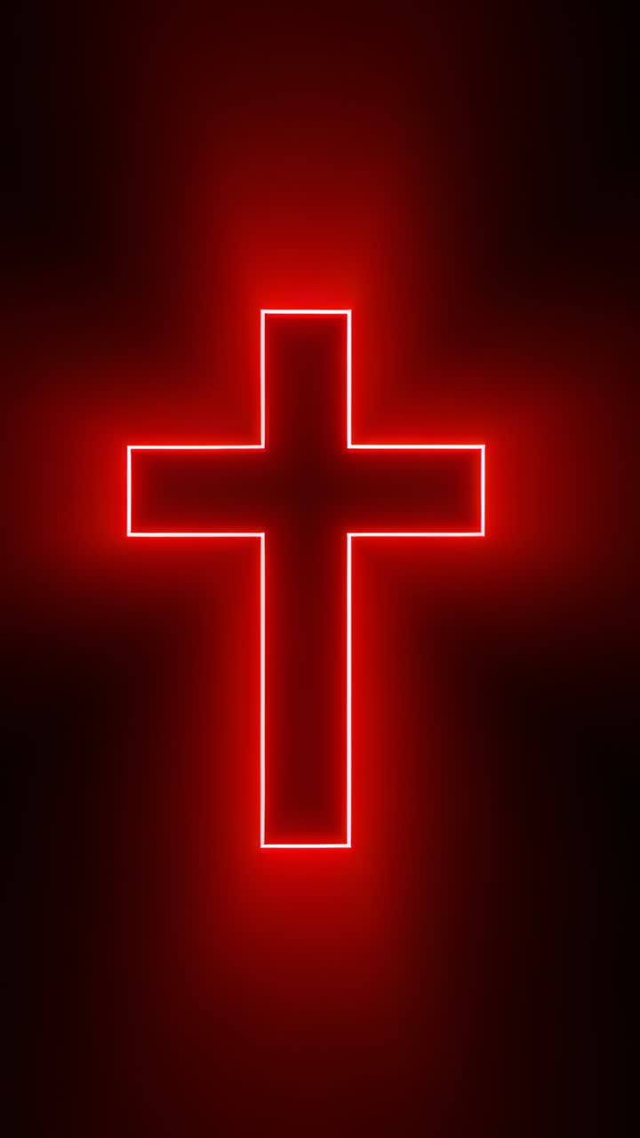 Vertical video: Starting red neon cross pulsing against void, zooming closer then cutting blackout