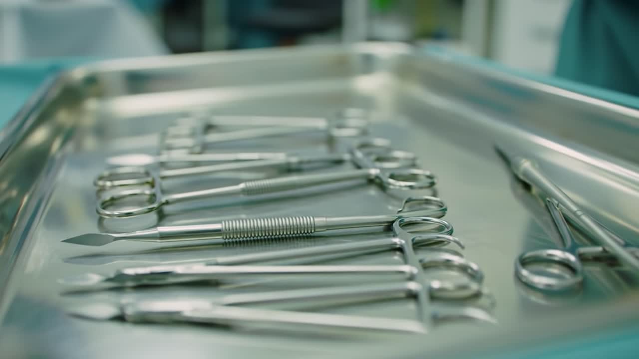 A collection of surgical instruments lies in a tray, showcasing meticulous organization. The sterile environment highlights preparation for a medical procedure, emphasizing professionalism.
