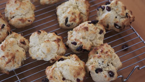 Warm-freshly-baked-scones,-cooling-on-a-metal-tray