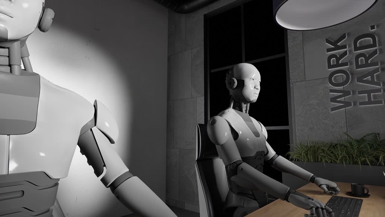Humanoid robots working at desks with computers in modern office interior with purple lighting and industrial details. 3D rendering of artificial intelligence and automation in workplace.