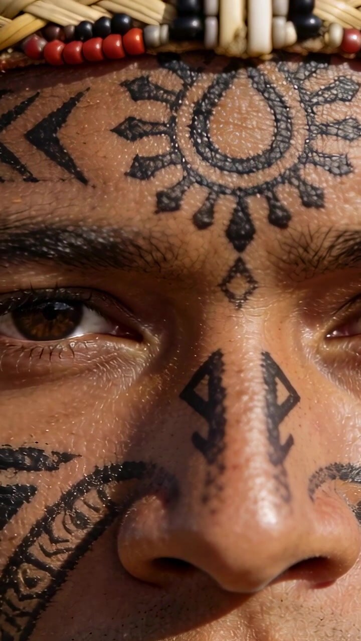 Vertical video: Camera shift making inked man blinking shifting gaze in sun showing headband