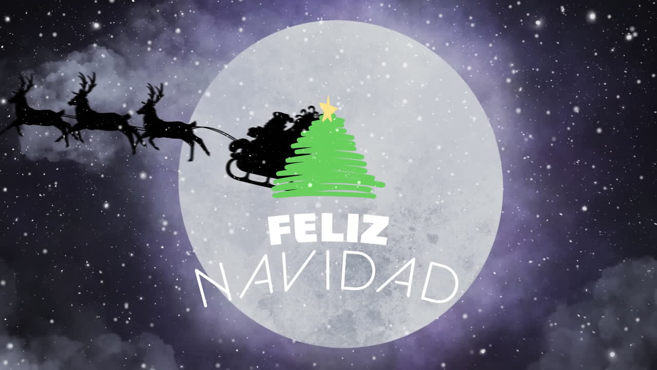 animación de feliz navidad, árbol de navidad y trineo de santa sobre luna llena y nieve cayendo.