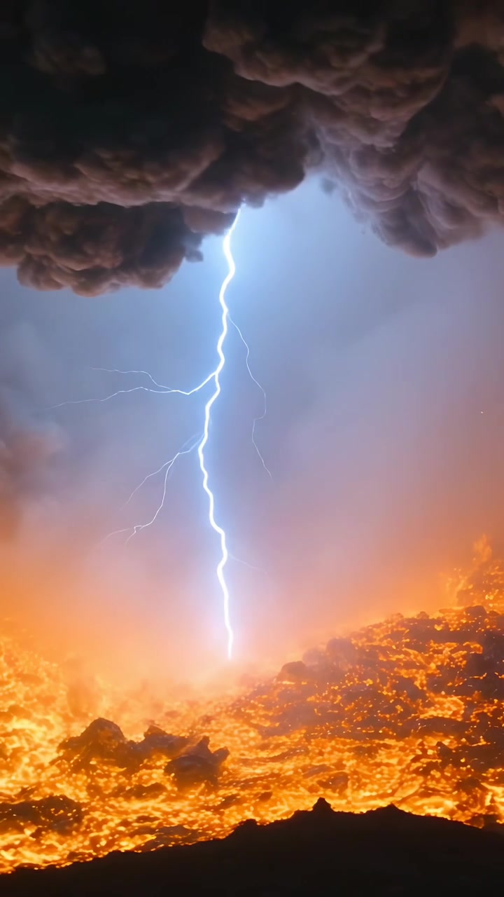Video verticale: Tempesta in arrivo che genera un fulmine che collega le nuvole a una pianura lavica, ramificandosi.
