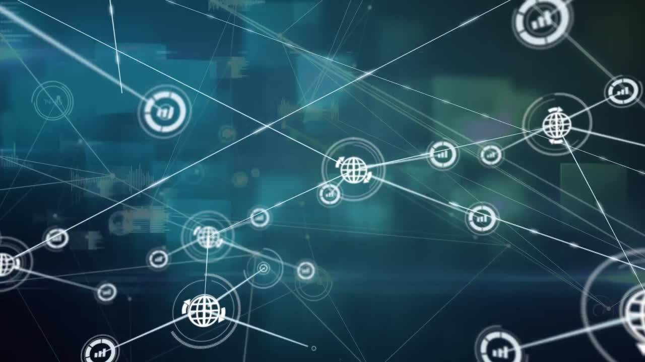 animación de una red de iconos digitales y procesamiento de datos contra formas cuadradas sobre fondo azul