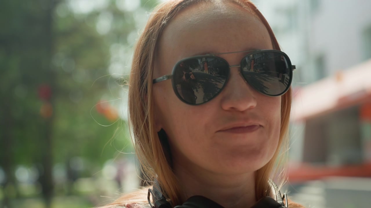 Mulher usando óculos de sol e fones de ouvido está em pé ao ar livre em espaço público com árvores e edifícios visíveis atrás dela. A mulher permanece quase imóvel.