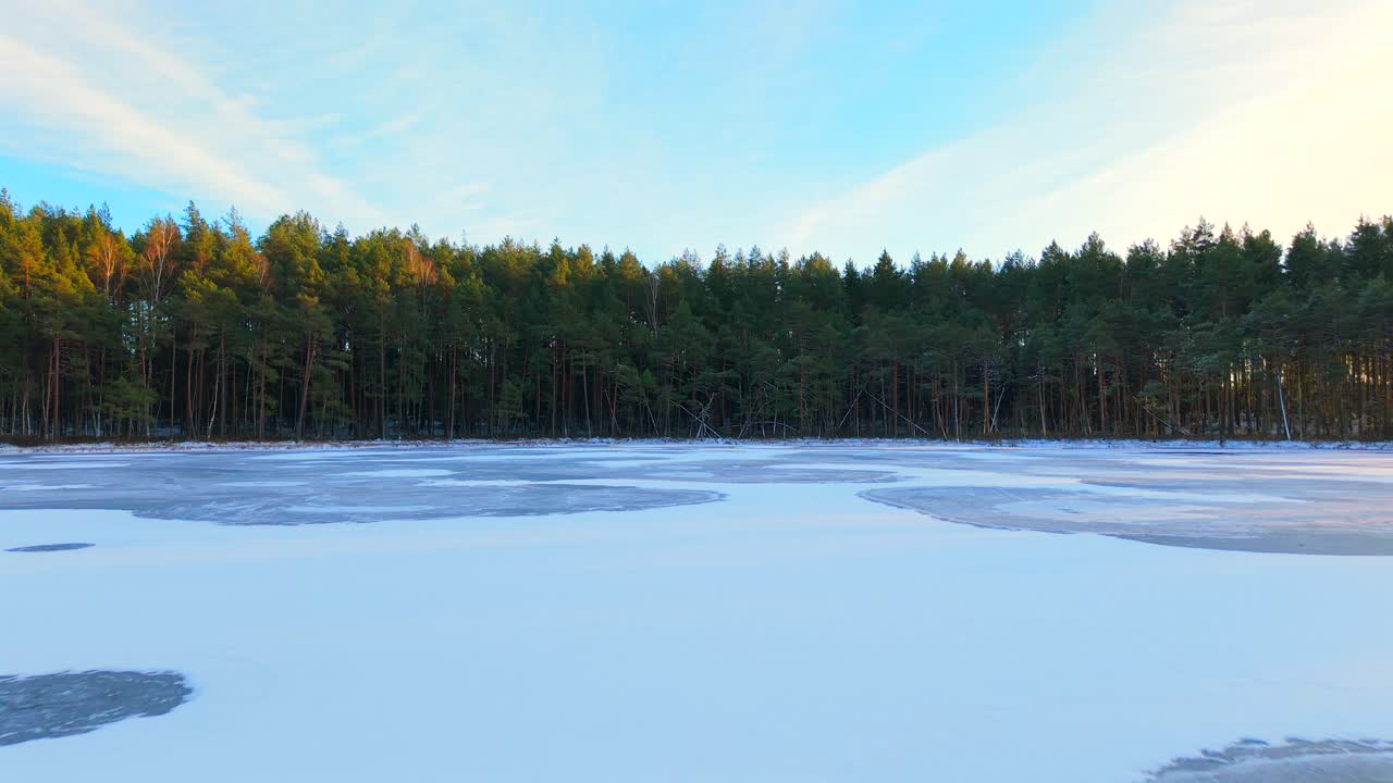 Low aerial view, frozen lake surface, pine tree woodland, sunset scenery