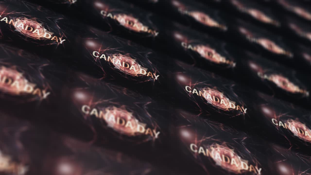 행복한 캐나다의 날 영화 축하 제목 배너 배경 개념 4k 3d 렌더링 원활한 루프 행복한 캐나다 날 창조적인 축제 타일 매트릭스 패턴 led 조명 벽에 dof bokeh 애니메이션