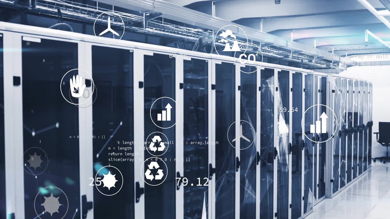 animación de iconos de ecología y procesamiento de datos en la sala del servidor