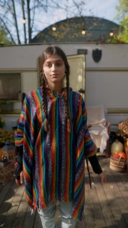 teenager in a colorful poncho outdoors