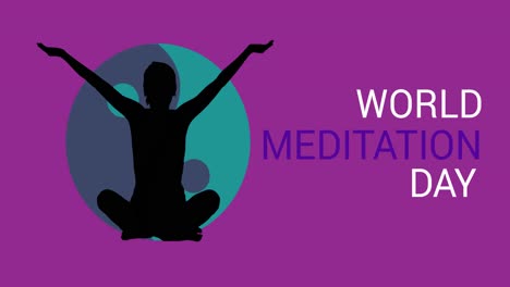 animación del texto del día mundial de la meditación con la silueta de una mujer meditando sobre un fondo púrpura