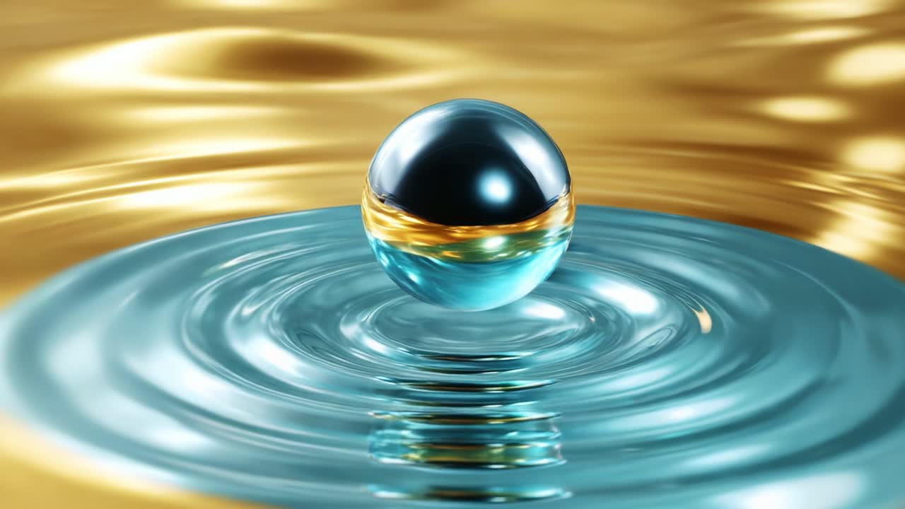 A mesmerizing visual of a floating orb above shimmering water, reflecting light and colors, creating a tranquil atmosphere as it interacts with the gentle surface waves rippling around it