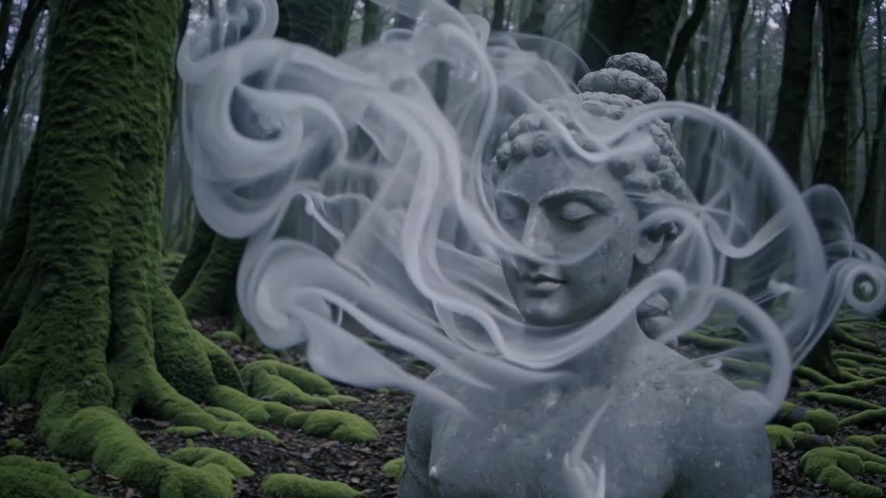 Statua di Buddha nella foresta con fumo