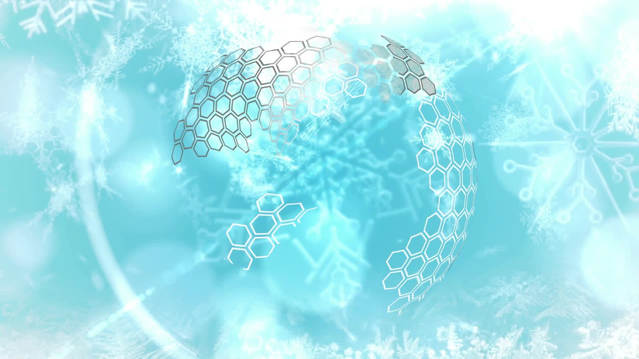 Floating hex bits starting assembly, panels forming, orbiting, splitting hex globe in winter loop