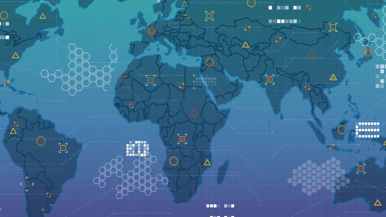 Animation of data processing over world map against purple gradient background