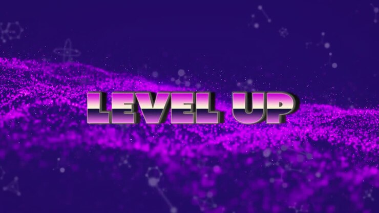 Animazione del testo 'Level Up' su rete viola su sfondo viola