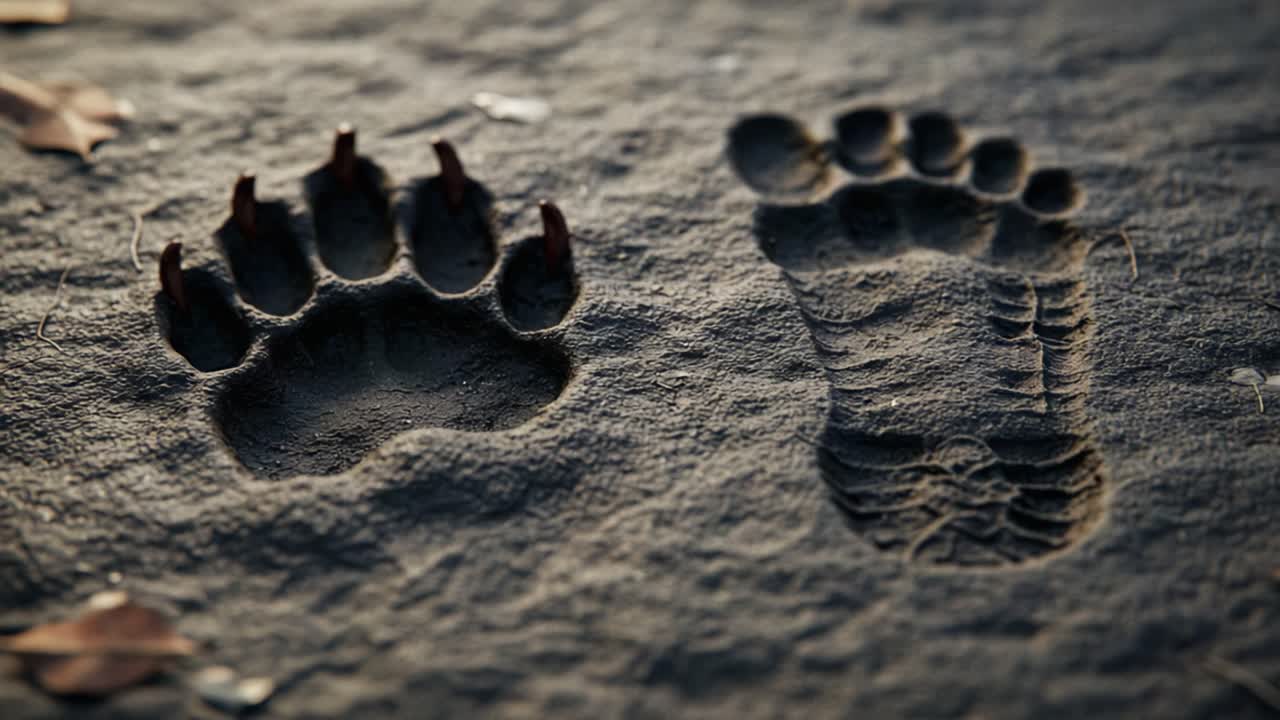 Contrasting Tracks of Wilderness: A Close-Up of Bear Paw Prints Beside Human Footprints in the Muddy Ground, Illustrating the Intersection of Nature and Humanity