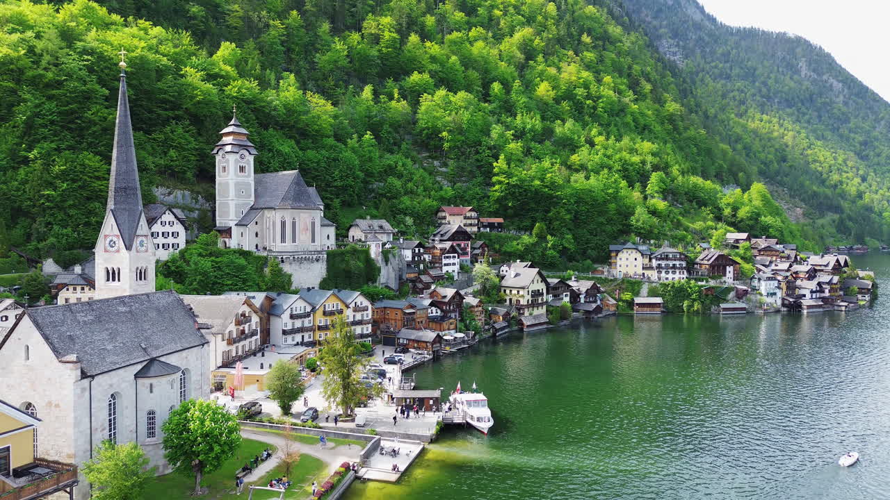 Aerial View Of Hallstatt Town And Lake In Gmunden, Austria.