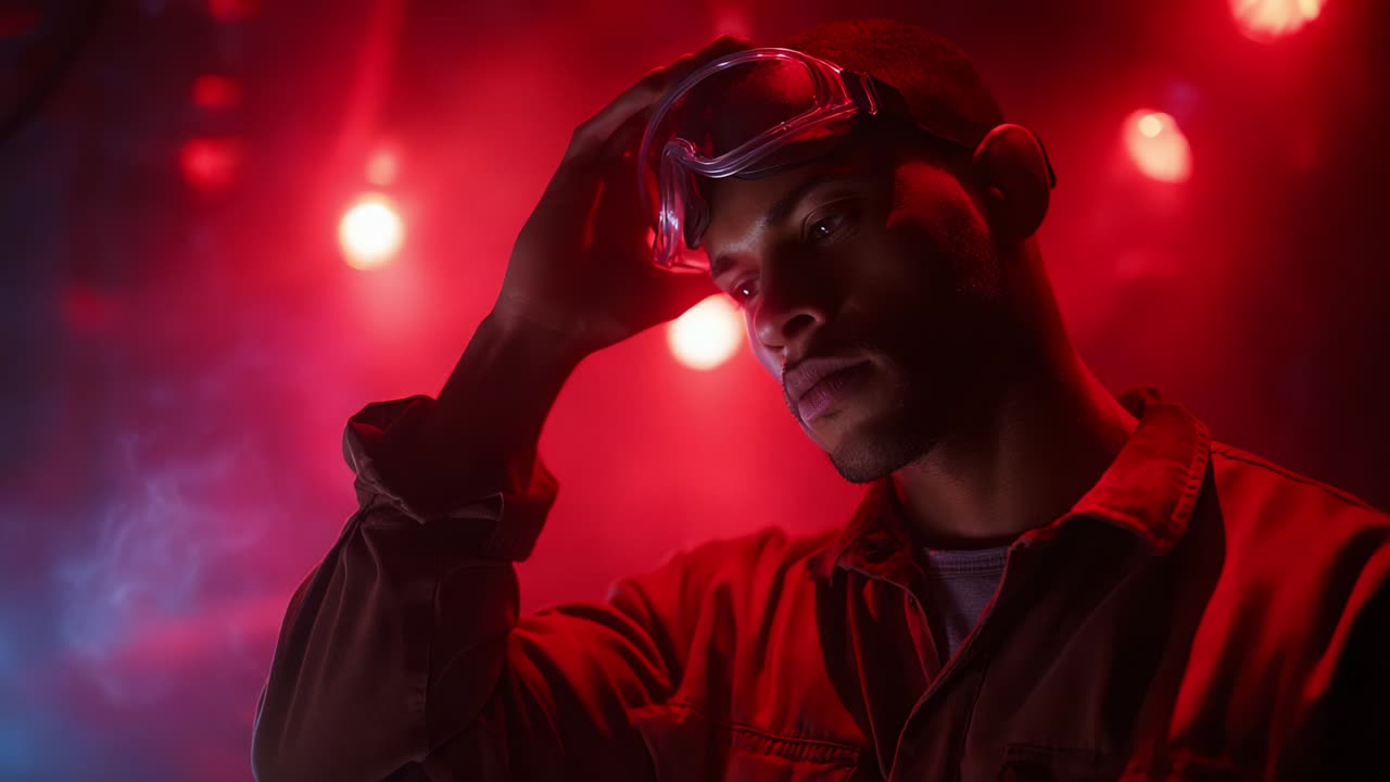 Una figura contemplativa en un entorno espectacular iluminado en rojo, con gafas protectoras, que encarna concentración y determinación en medio de un telón de fondo de iluminación intensa y humo atmosférico, lo que sugiere una narrativa más profunda de resiliencia e introspección