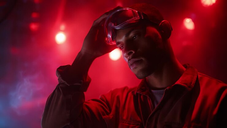 Una figura contemplativa in un ambiente drammatico illuminato di rosso, con indosso degli occhiali protettivi, incarna concentrazione e determinazione sullo sfondo di un'illuminazione intensa e fumo atmosferico, suggerendo una narrazione più profonda di resilienza e introspezione