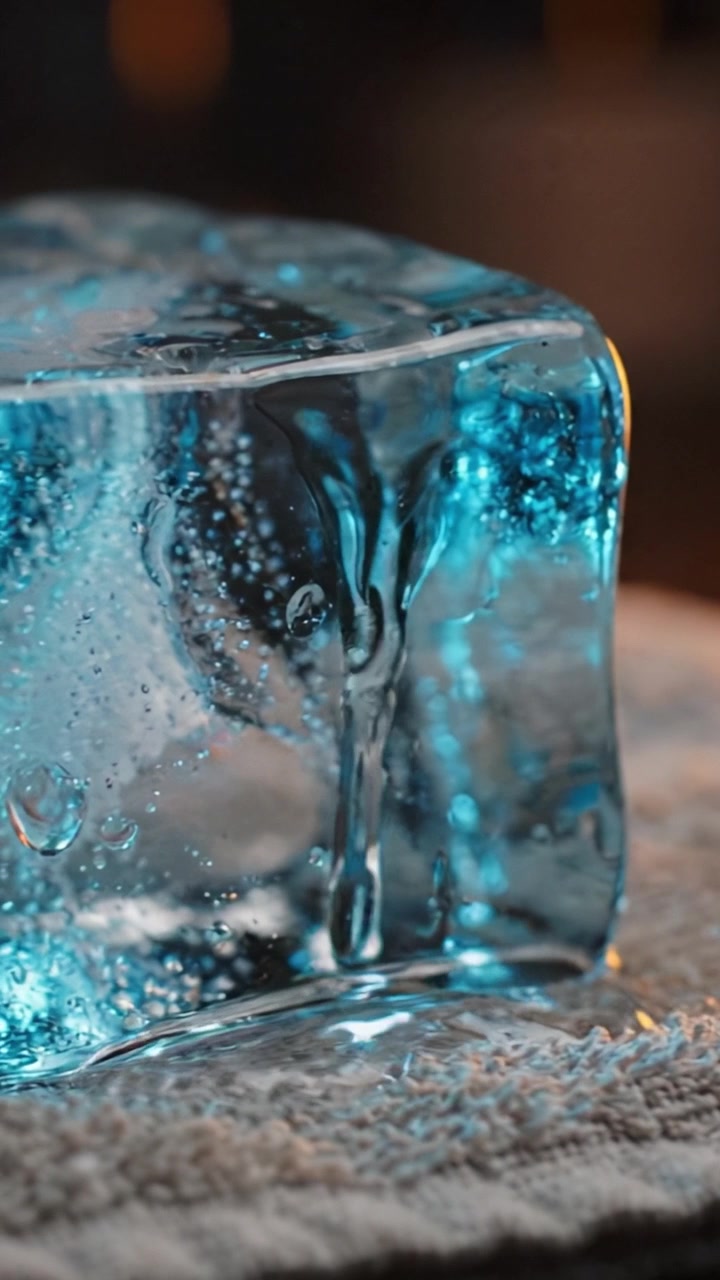Cubetto di Ghiaccio Traslucido con Bolle: Un Primo Piano che Mostra la Texture Scintillante e il Ricco Colore Blu in una Rappresentazione Artistica di Freschezza Rinfrescante.