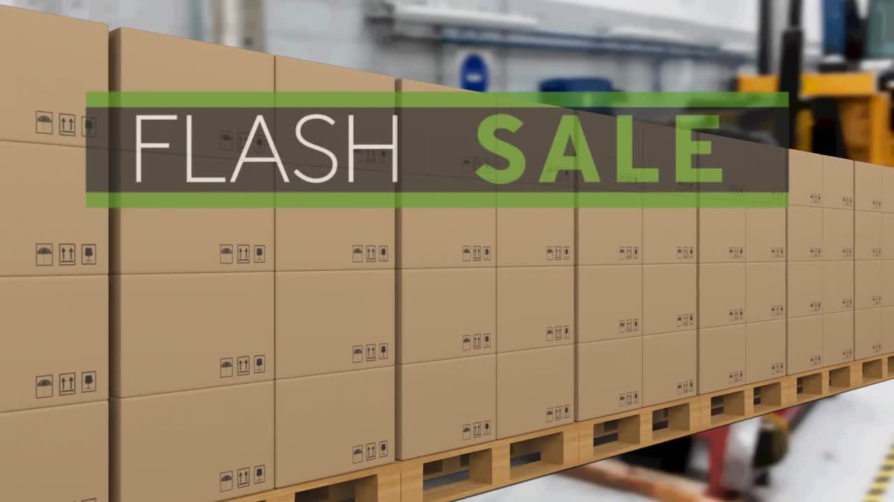 Animation of flash sale text over cardboard boxes on conveyor belt