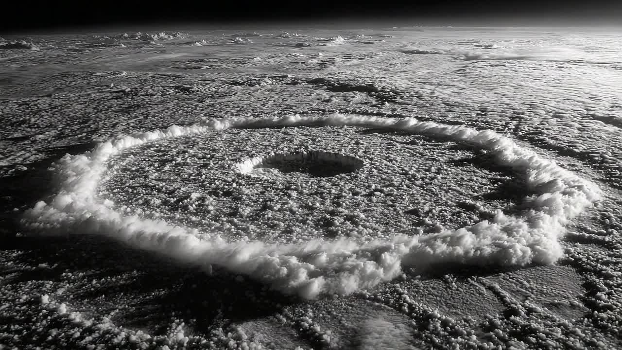 A Stunning Black and White View of a Circular Formation in a Layer of Clouds, Captured from Above, Showcasing the Intricacies of Atmospheric Patterns and Natural Phenomena
