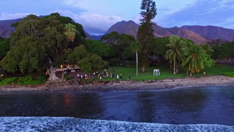 Coast-with-waves-next-to-green-land-with-trees-in-Hawaii