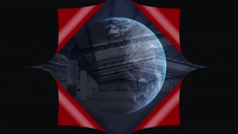 animation of red screen revealing globe over warehouse