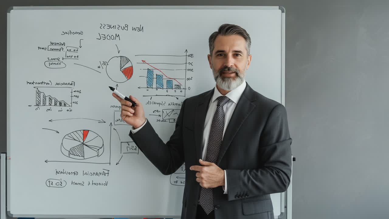 Business Presentation: A Professional Man Explaining Data Insights with Graphs and Charts on a Whiteboard in a Corporate Office Setting