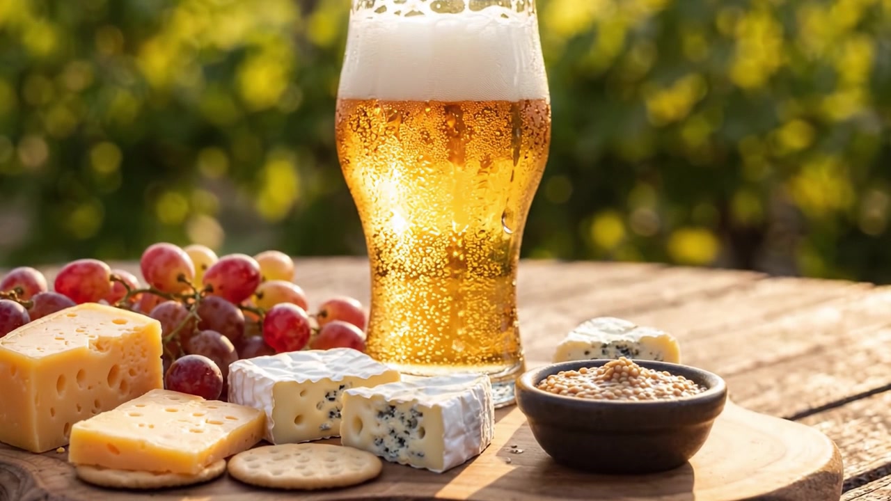 Un rinfrescante momento di piacere gastronomico con birra artigianale, formaggi assortiti, uva e senape squisita su un tagliere di legno rustico