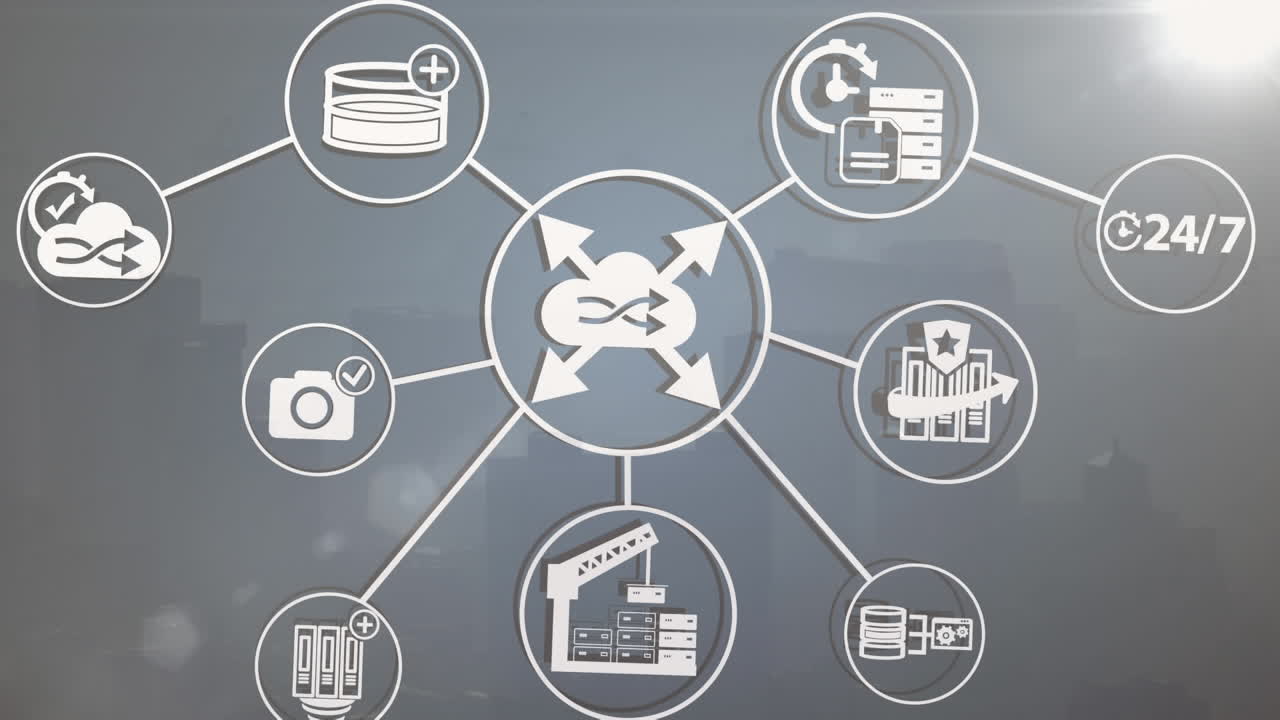 animación de la red de iconos digitales y punto de luz contra la vista aérea del paisaje urbano