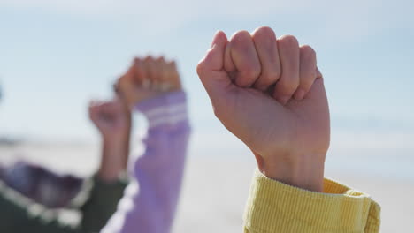 diverse group of female friends raising fists at the beach