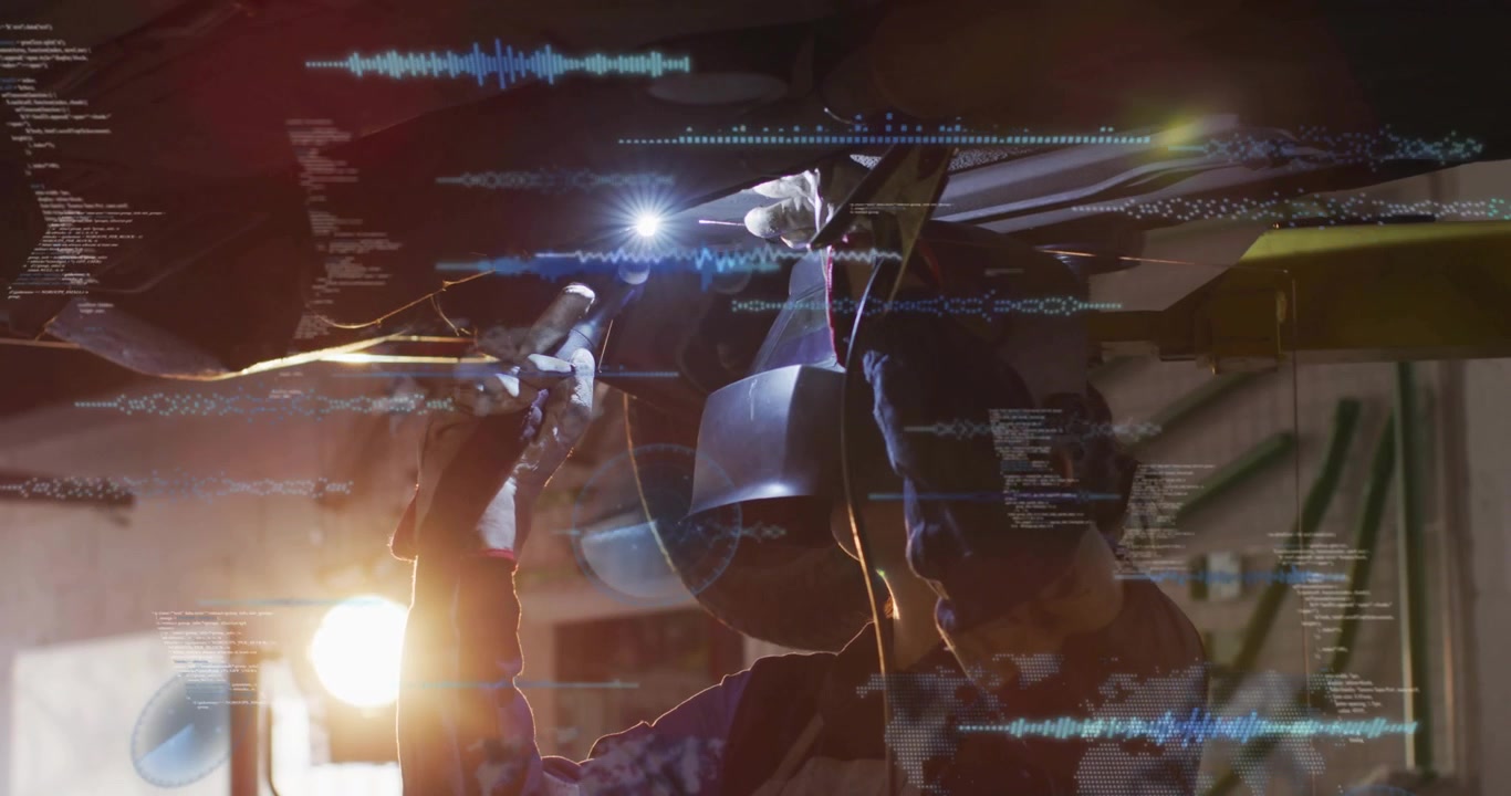 Woman tech raising torch under lifted vehicle, initiating AR HUD and leaning, checking component