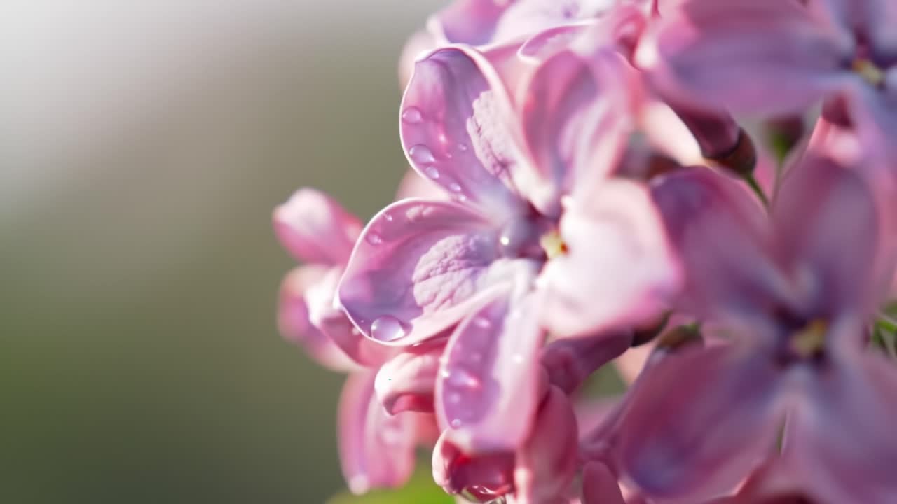 Lilac flowers bloom vibrantly in a garden, glistening with droplets of morning dew while bathed in gentle sunlight. Nature's beauty captured with stunning detail.