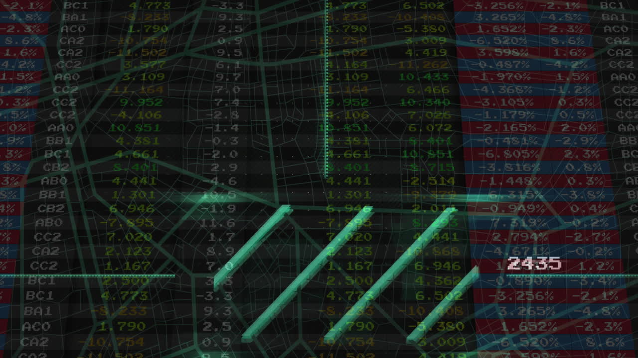 Animation of statistics and digital data processing over dark background