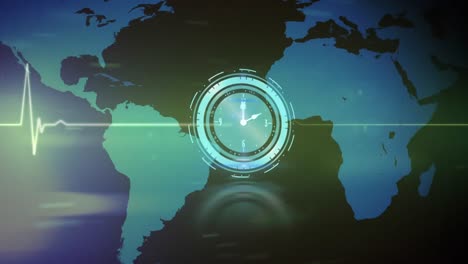 Animación-Del-Reloj-Sobre-El-Monitor-De-Frecuencia-Cardíaca-Y-El-Mapa-Mundial