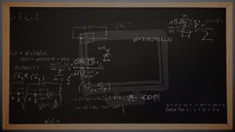 Animation-Mathematischer-Gleichungen-Auf-Der-Tafel-über-Dem-Computer