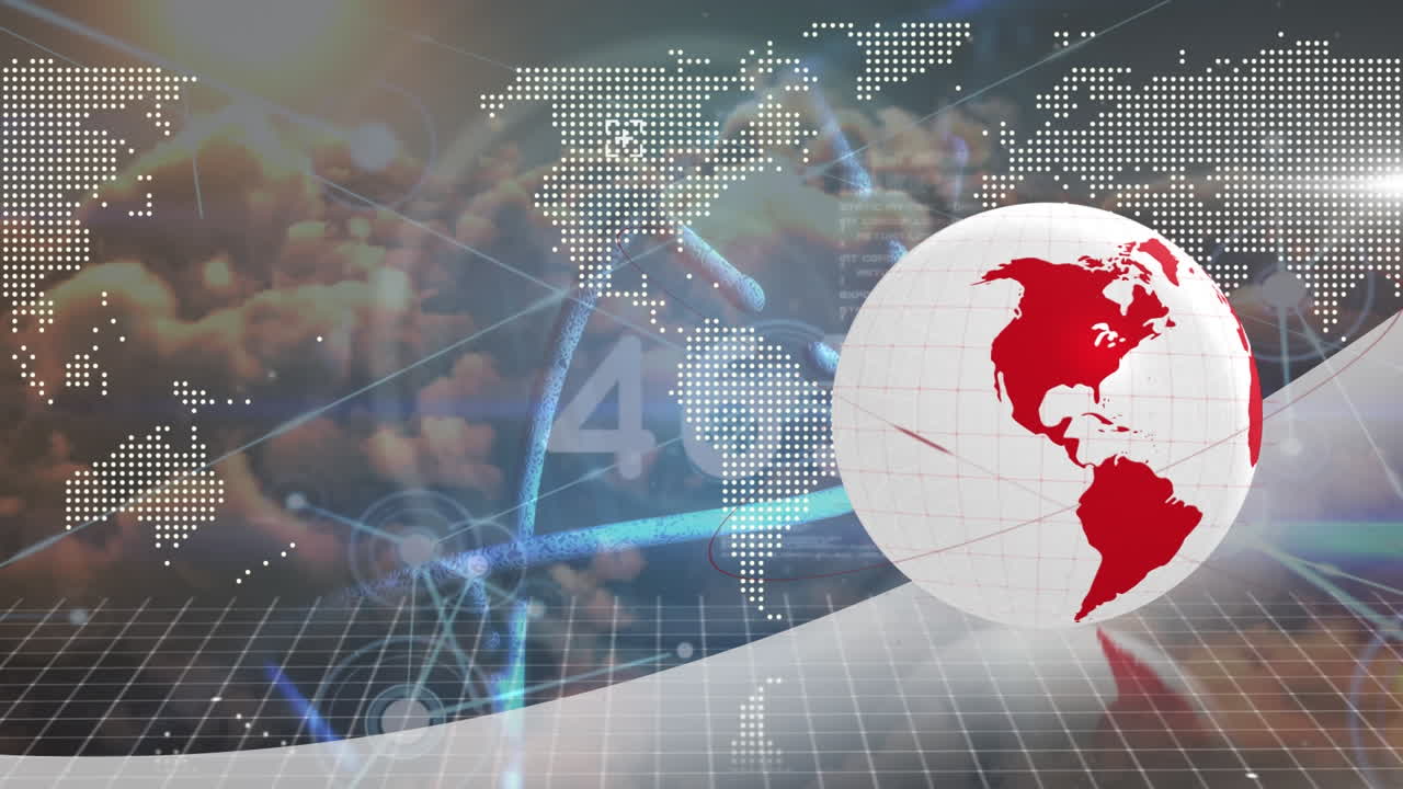 연결 네트워크, 데이터 처리 및 구름과 함께 하늘 위의 dna 줄을 가진 지구의 애니메이션