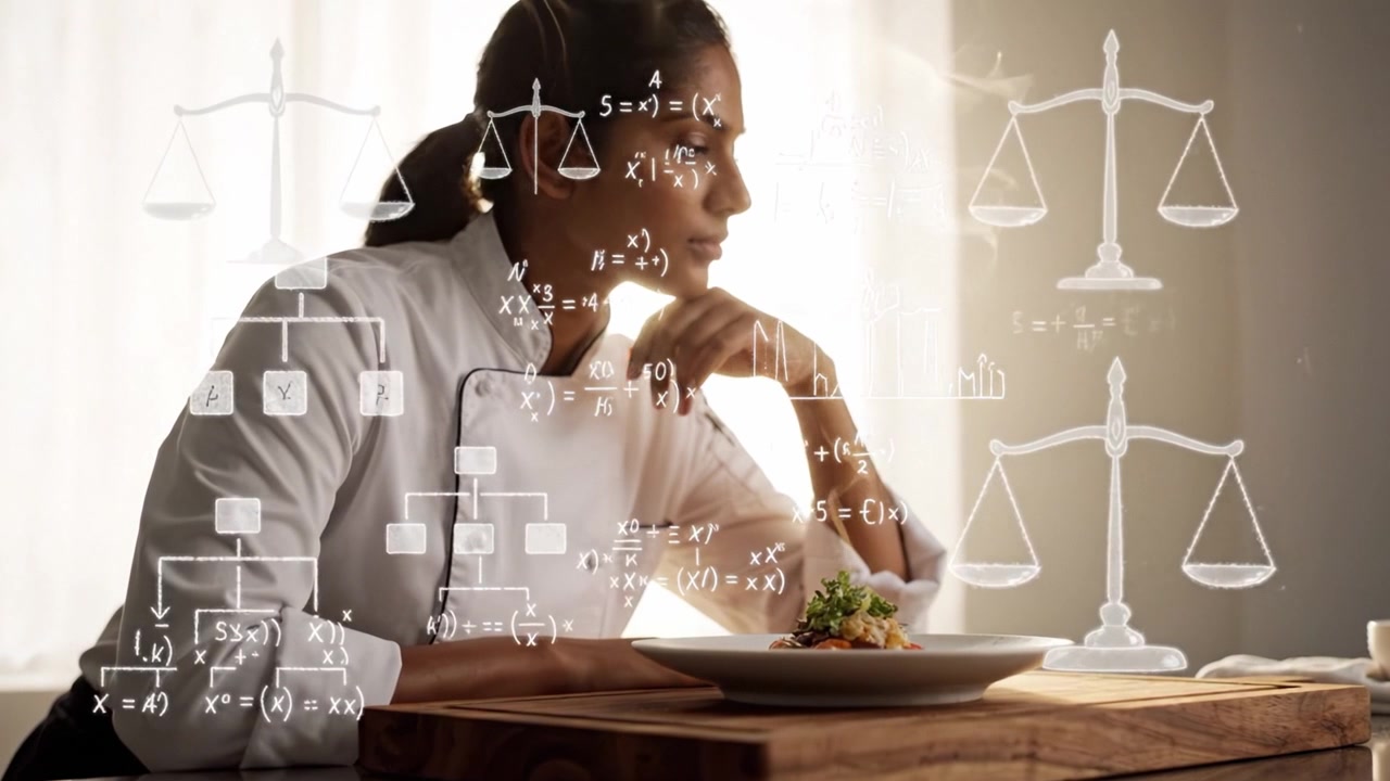Uno chef pensieroso contempla l'arte culinaria mentre impiattata un piatto squisito, bilanciando sapori e consistenze in un ambiente cucina mozzafiato e pieno di creatività