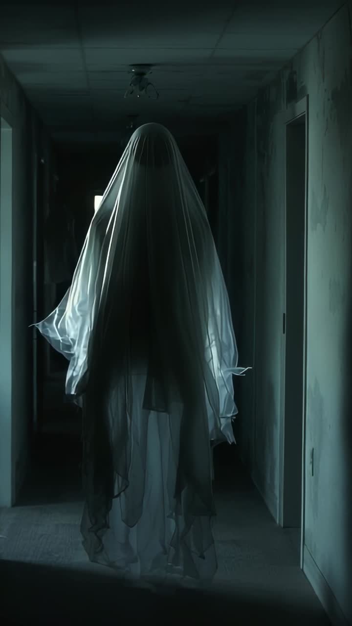 Vertical video: Noticing overhead light flickering ghostly figure drifting down corridor, lit veil