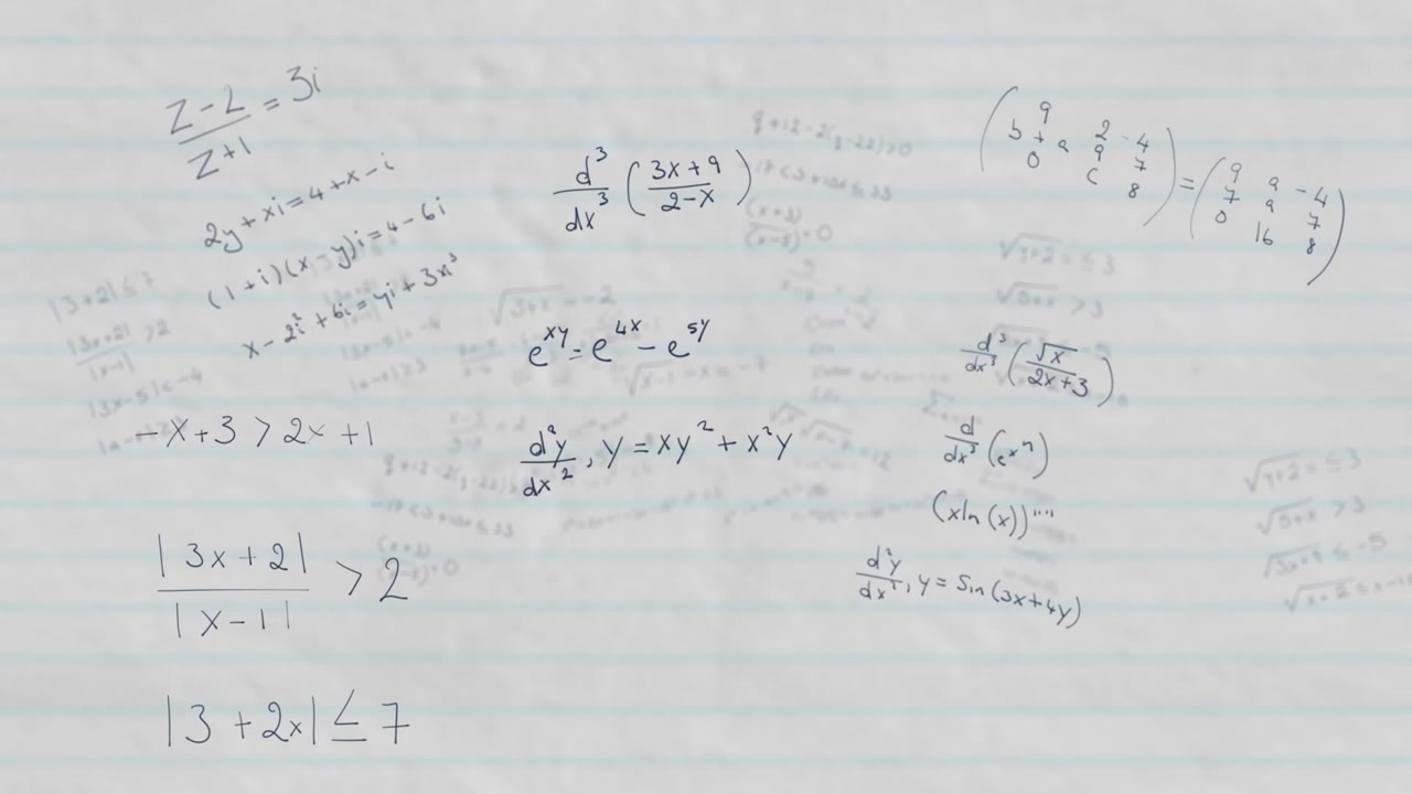 Mathematical equations moving against white ruled paper